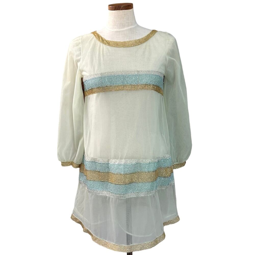 Vintage 60s Sheer Metallic Stripe Mini Dress S Mint Gold Tinsel Mod Go-Go AS-IS